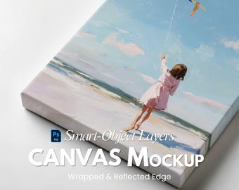 Canvas Mockup with Realistic Texture — Minimal Wrapped & Reflected Edge, 2:3 Ratio, White Background, PSD With Smart Object Layer, JPG File