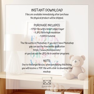 May include: A digital download of a watercolor alphabet printable with a pastel color scheme. The printable includes a PSD file with a smart object layer, a JPG file, and a video tutorial. The text on the image reads "INSTANT DOWNLOAD", "PURCHASE INCLUDES", "The file works in Photoshop", "https://www.photopea.com", "NOTE", "Due to the large file size, when purchasing this listing, you will receive a PDF file with a link to download the mockup."