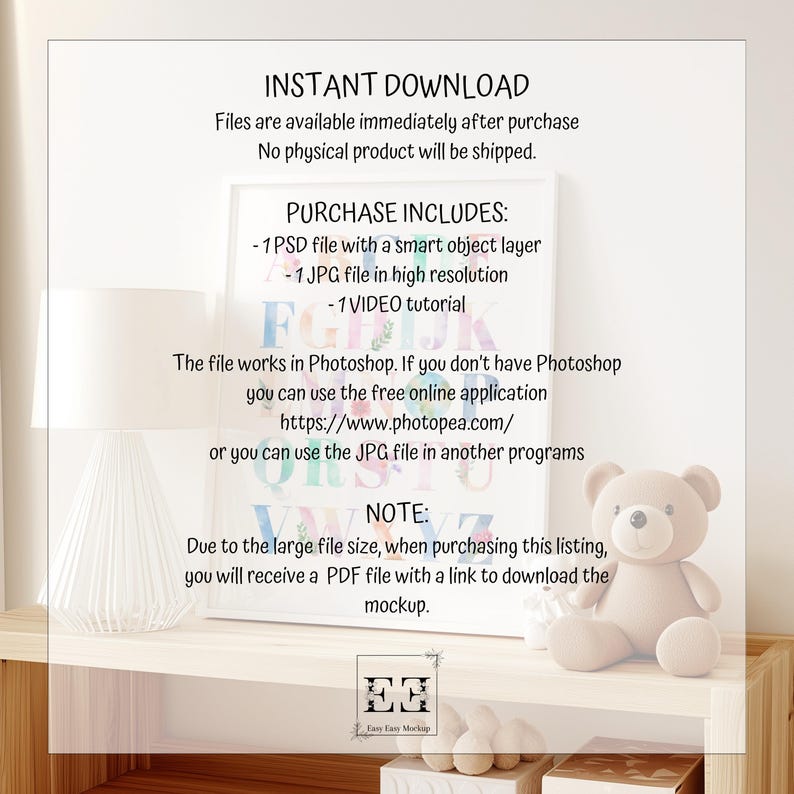 May include: A digital download of a watercolor alphabet printable with a pastel color scheme. The printable includes a PSD file with a smart object layer, a JPG file, and a video tutorial. The text on the image reads "INSTANT DOWNLOAD", "PURCHASE INCLUDES", "The file works in Photoshop", "https://www.photopea.com", "NOTE", "Due to the large file size, when purchasing this listing, you will receive a PDF file with a link to download the mockup."