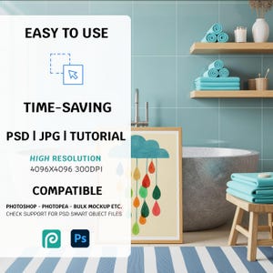 May include: A framed artwork featuring a blue cloud with colorful raindrop designs. The image is set in a bathroom with blue tiles, wooden shelves holding rolled towels, and a small wooden stool. Text on the left side reads "EASY TO USE" and "TIME-SAVING".