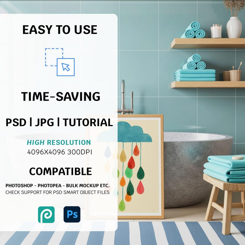 May include: A framed artwork featuring a blue cloud with colorful raindrop designs. The image is set in a bathroom with blue tiles, wooden shelves holding rolled towels, and a small wooden stool. Text on the left side reads "EASY TO USE" and "TIME-SAVING".