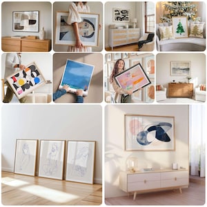 May include: A collection of images showcasing a variety of framed artwork, including abstract designs, landscapes, and portraits. The artwork is displayed in different settings, such as living rooms, bedrooms, and offices.