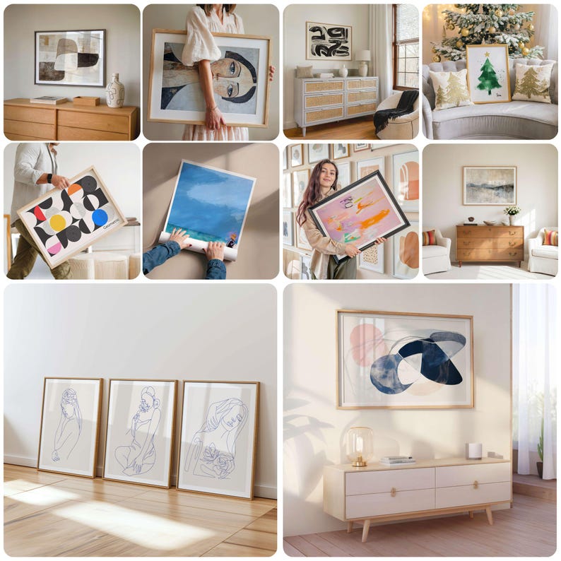 May include: A collection of images showcasing a variety of framed artwork, including abstract designs, landscapes, and portraits. The artwork is displayed in different settings, such as living rooms, bedrooms, and offices.