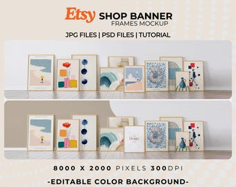 Shop Banner Mockup Gallery Frames | PSD Smart Object | Thin Wood Frames Natural Light Wall Art | Print Showcase | JPG Digital Download