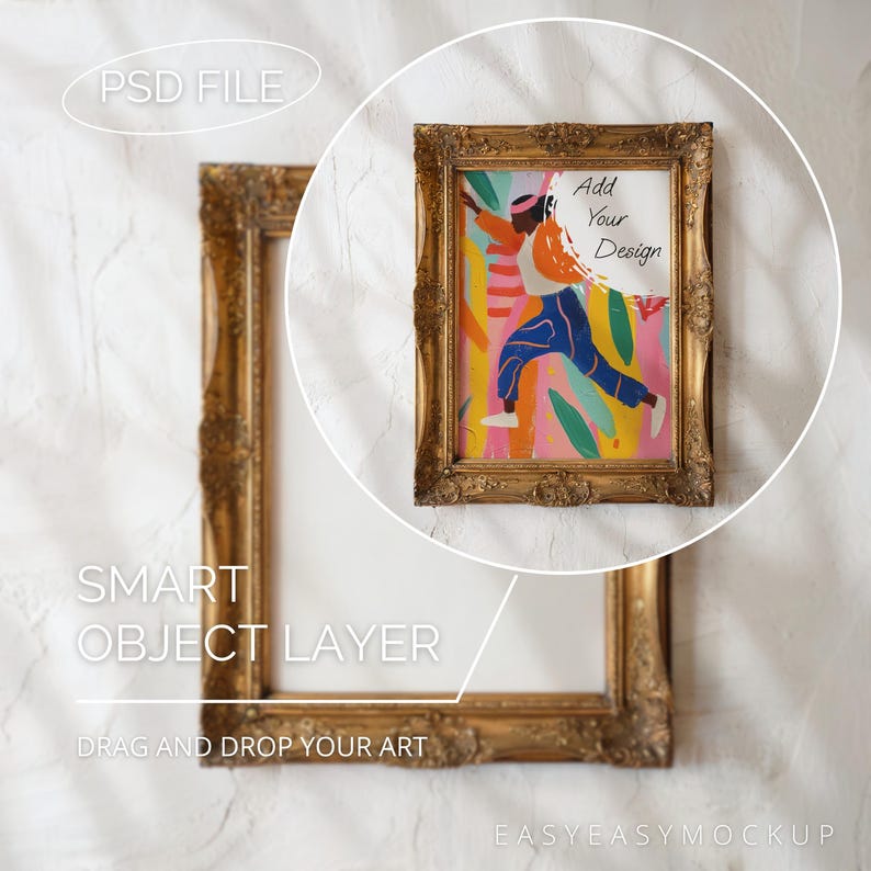 May include: A gold-framed picture mockup with a colorful illustration of a person jumping. The text "Add Your Design" is visible in the image.