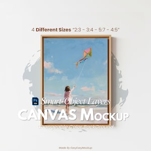 Könnte beinhalten: Leinwand-Mockup mit einem Gemälde eines Kindes, das einen Drachen am Strand steigen lässt. Das Gemälde ist in einem hellbraunen Holzrahmen gerahmt. Der Text "4 Different Sizes" und "CANVAS MOCKUP" sind zu sehen.