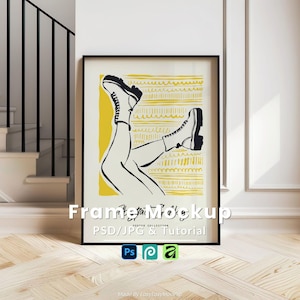 5x7 Black Frame Mockup PSD, Modern Staircase Wall Art Display, Contemporary Interior Poster Tall Scale, Smart Object Layer High Resolution