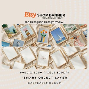 Puede incluir: Una maqueta de banner de tienda Etsy con múltiples impresiones artísticas enmarcadas con varias pinturas de acuarela. Los marcos tienen un acabado de madera clara. La imagen incluye el texto "Etsy SHOP BANNER FRAMES MOCKUP" y "JPG FILES | PSD FILES | TUTORIAL".