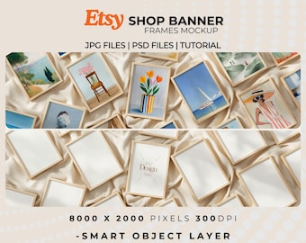 May include: An Etsy shop banner mockup showing several framed art prints with watercolour paintings. The frames have a light wood finish. The image includes the text "Etsy SHOP BANNER FRAMES MOCKUP" and "JPG FILES | PSD FILES | TUTORIAL".