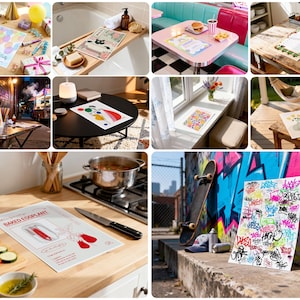 May include: A collage of images featuring various settings with printed paper products. Scenes include a birthday party, a diner, a kitchen with food, a bathtub, and a skateboard leaning against a graffiti wall. The papers display colorful designs and text.