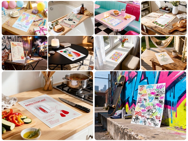 May include: A collage of images featuring various settings with printed paper products. Scenes include a birthday party, a diner, a kitchen with food, a bathtub, and a skateboard leaning against a graffiti wall. The papers display colorful designs and text.