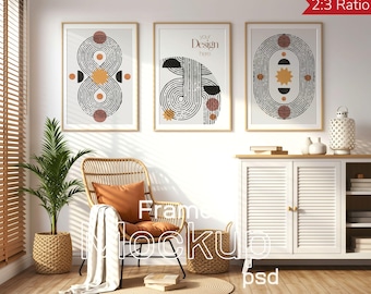 May include: Three framed art prints with abstract designs in a modern living room setting. The prints feature geometric shapes and neutral colors. A wicker chair with an orange cushion and a potted plant are also visible.