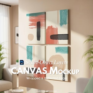 Puede incluir: Cuatro lienzos cuadrados con diseños abstractos de pinceladas en coral, turquesa, negro y beige. El texto "CANVAS Mockup" se muestra debajo, con "Wrapped & Reflected Edge". La imagen es una maqueta para impresiones artísticas.