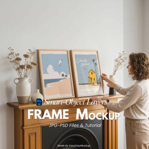 May include: Two framed art prints with coastal scenes, displayed on a wooden mantel. One print features a beach with palm trees and a seagull, the other a yellow house. The text "Coastal Mood" is visible on one print. The text "FRAME Mockup" is also visible.