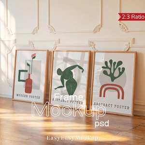 May include: Three framed abstract posters leaning against a wall. The posters feature minimalist designs in shades of green, red, and beige. The text "MODERN POSTER", "ABSTRACT POSTER", and "Frame ABSTRACT POSTER" are visible. The image also includes the text "Mockup psd" and "EasyEasy Mockup".