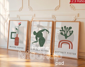 Set of 3 Frames Mockup PSD - Leaning 2:3 Poster Mockup on Wall - Modern Print Display - Photopea & Photoshop Friendly