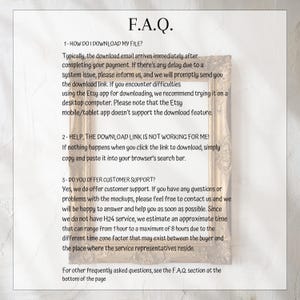 May include: A white background with black text outlining frequently asked questions about downloading digital files from Etsy. The text includes information about downloading files, troubleshooting download issues, and customer support.