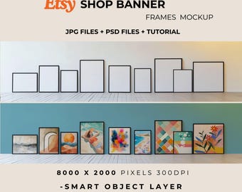 Shop Banner Mockup - 9 Frame PSD Template, Vintage Wood & Natural Light Wall Art Mockup for Etsy Shops, Print Showcase, PSD Files