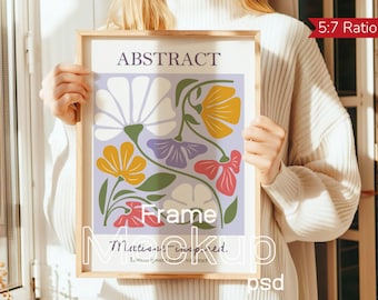 Woman Holding Frame Mockup, PSD Poster Mockup with Person, Art Display Template, 5:7 Ratio Frame Mockup, Thin Wooden Frame PSD