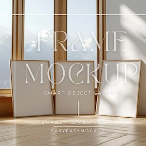 May include: Three wooden picture frames with white mounts, standing on a wooden floor. The frames are empty and ready for your artwork. The text "FRAME MOCKUP" is written above the frames, and the text "SMART OBJECT LAYER" is written below the frames. The text "JPG FILES + PSD FILES + TUTORIAL" is written below the frames. The text "EASYEASYMOCKUP" is written below the frames.