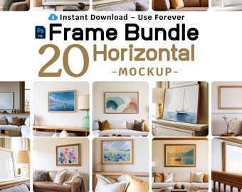 20 Frame Mockup Bundle Horizontal - PSD Landscape for Wall Art & Posters - Wood Frame Mockup - Smart Object PSD - Photopea Ready