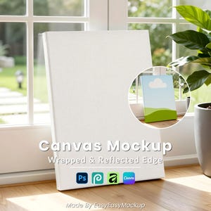 Vertical Canvas Mockup | Wrapped And Reflected Edges | Bright Sunny Window with Plant | PSD Smart Object Layer | Canva Drag & Drop Template