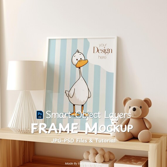 Nursery Frame Mockup – Vertical 4x5 PSD Template for Baby Room Prints – Smart Object Scene with Lamp & Teddy – Photopea Compatible