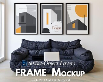 3 Mockups de Molduras Verticais – Arte de Parede Tríptico em PSD, Mockup de Pôster de Objeto Inteligente para Impressões 5x7, Perfeito para Etsy, Photopea e Photoshop