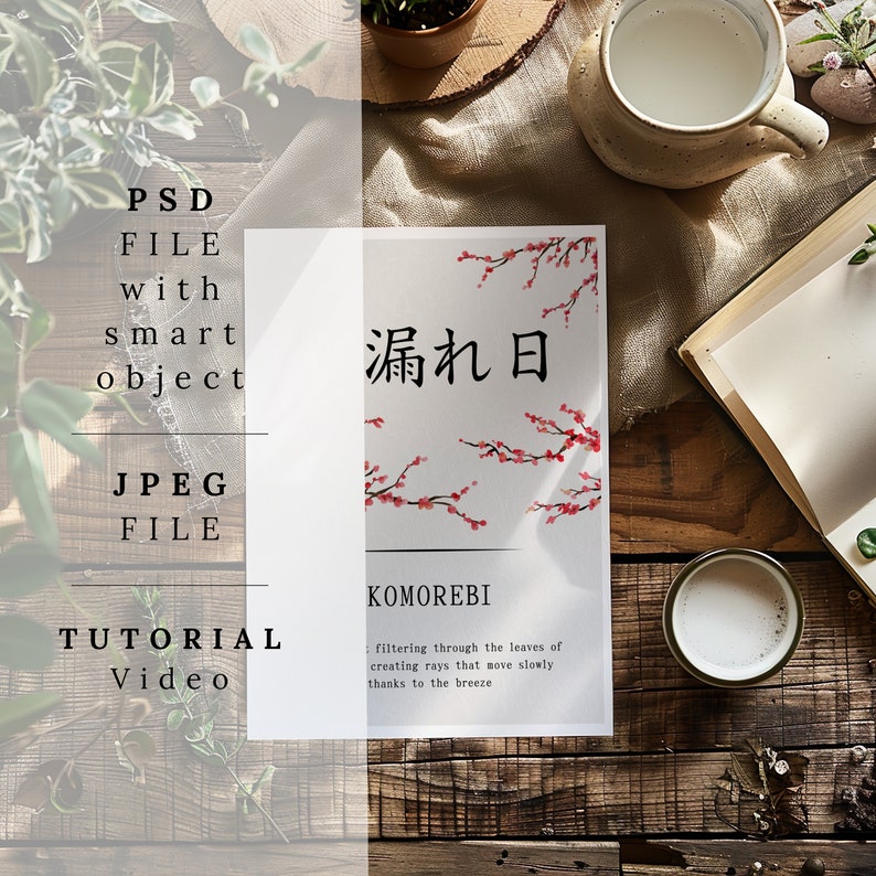 May include: A digital illustration of a Japanese cherry blossom branch with pink flowers and the Japanese text "漏れ日" (pronounced "morebi") meaning "sunlight filtering through leaves". The text "KOMOREBI" is below the image, and the text "filtering through the leaves of creating rays that move slowly thanks to the breeze" is below that.