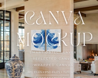 May include: A mockup of a canvas print in a modern living room setting. The canvas print features a blue abstract design. The text "CANVA MOCKUP" is displayed above the canvas print. The text "SMART OBJECT LAYER - REFLECTED CANVAS - WRAPPED CANVAS JPG FILES + PSD FILES + TUTORIAL EASYEASYMOCKUP" is displayed below the canvas print.