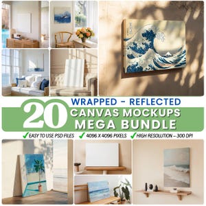 20 Canvas Mockup Bundle | Vertical And Horizontal Simple Frame Templates | Mega Pack for Art Display | Easy to Use Mockup Frames Smart Layer
