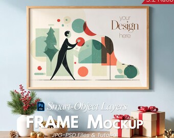 Horizontal Christmas Frame Mockup PSD, 3x2 Ratio Wall Art Mockup, Xmas Poster PSD, Holiday Gift Display, Photopea Smart Object