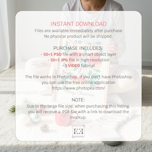 May include: A digital mockup with the text "INSTANT DOWNLOAD" and "Merry Christmas". The mockup includes a PSD file, a JPG file, and a video tutorial. The text also mentions a link to an online application.