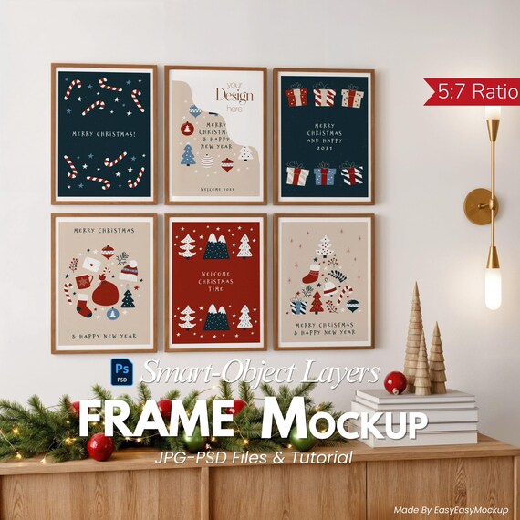 Christmas Frame Mockup PSD, 5x7 Ratio Wall Art, Holiday Poster Mockup, Xmas Printable Frame Mockup, Smart Object, Digital Download