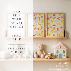 May include: Two framed prints with a colorful handprint pattern on a white background. The prints are on a wooden shelf with a teddy bear, a toy car, and a toy house.