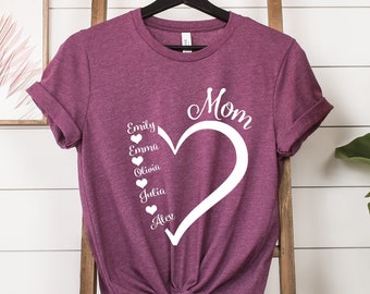 Camiseta personalizada con nombre de los niños y corazón para mamá, regalo para el Día de la Madre