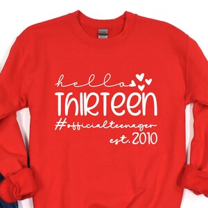May include: Red sweatshirt with white text that says "hello thirteen #officialteenager est. 2010" with small hearts above the word "thirteen".
