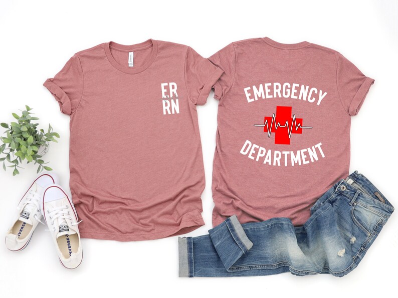 a pair of t - shirts with the words emergency department printed on them
