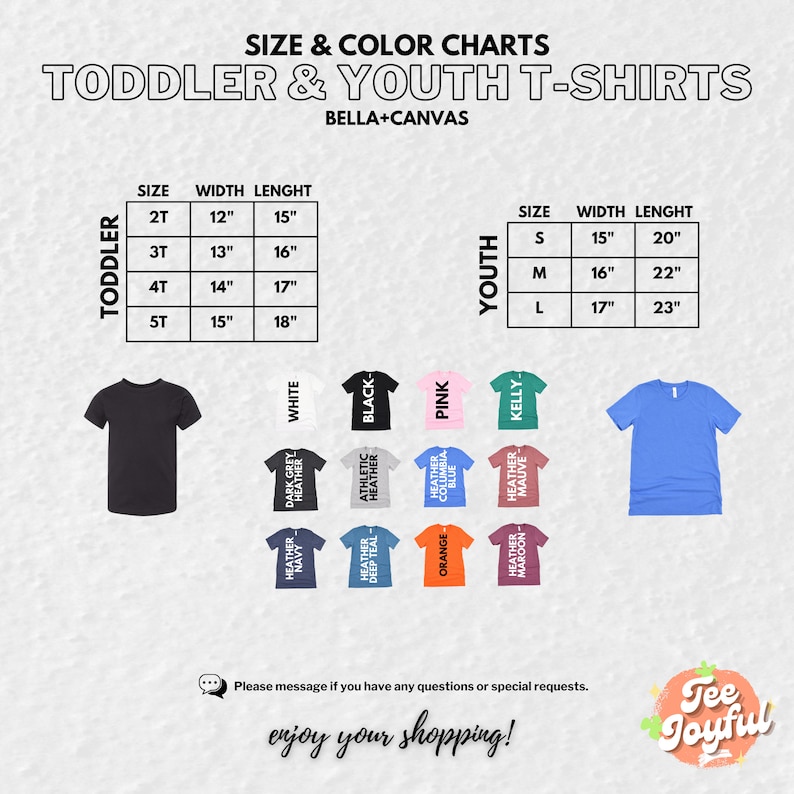 a t - shirt size guide for a toddler and youth t - shirts