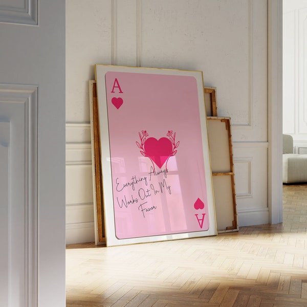 Vintage Ace of Hearts Floral Poster, Pretty Pink Playing Card Wall Art, Trendy Wall Art | Preppy Apartment Decor, Vibrant Dorm Decor |