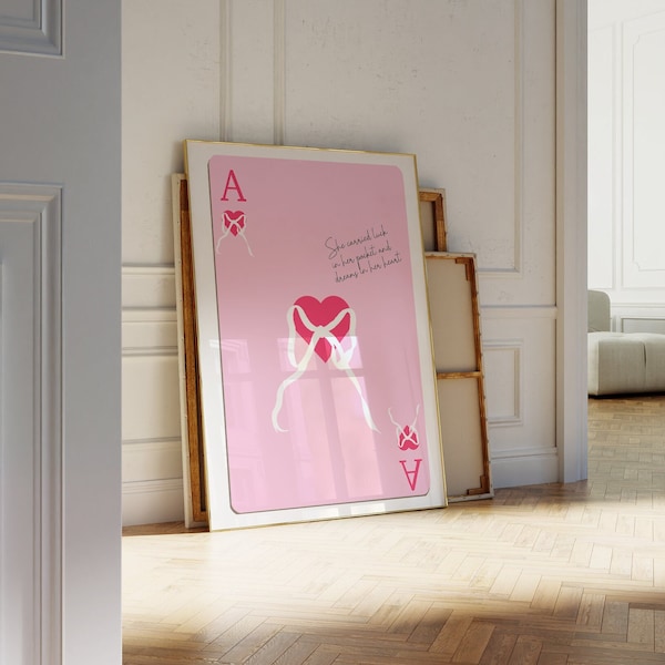 Preppy Ace of Hearts Floral Poster, Pretty Pink Playing Card Wall Art, Cute Trendy Wall Art | Preppy Apartment Decor, Vibrant Dorm Decor