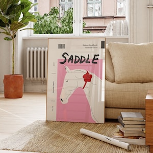 Saddle Fashion Poster, Trendy Hand illustrated Horse Magazine Poster, Pink Fashion Wall Art, Modern Funky Wall Art, Digital Print