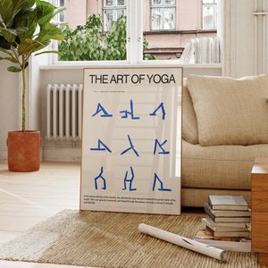 Blue Geometric Yoga Poster, Geometric Art, Mid Century Modern Art, Yoga Silhouette Wall Art, Clean Girl Aesthetic Digital Download