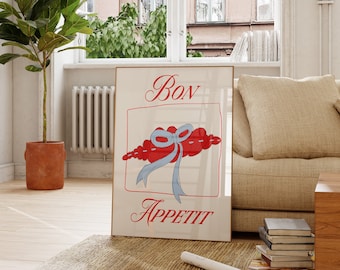 Vintage Food Poster, Kitchen Coquette Aesthetic Wall Art, Bow Trendy Wall Art, Bon Appetite Poster Print, Downtown Girl Aesthetic Poster