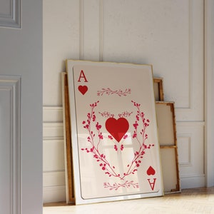 Pôster floral vermelho de ás de copas, linda arte de parede vintage para cartas de baralho, arte de parede moderna, decoração vibrante para dormitório, DOWNLOAD DIGITAL estético