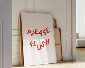 Please Flush Poster, Trendy Red Bathroom Sign, Typography Print, Funky Bathroom Sign, Retro Bathroom Wall Art, Trendy Bathroom Decor
