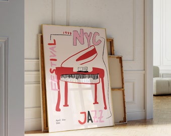 New York Jazz Festival Print, Czerwony Vintage Ręcznie Rysowany Oryginalny Druk, Różowa Dziewczyna Estetyczna Sztuka, Czerwony Estetyczny Wystrój Akademika, Sztuka Ścienna W Akademiku