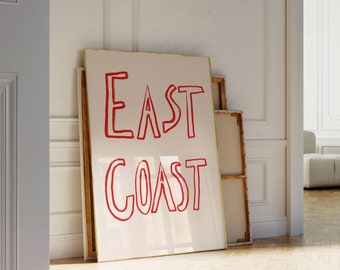 East Coast Typography Print, Red Hand-Drawn Original Print, Red Cool Girl Aesthetic Wall Art, Red Aesthetic Dorm Decor, Dorm Wall Art
