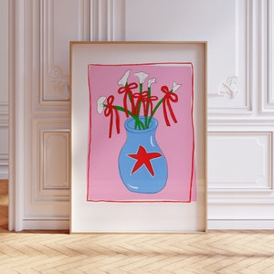 Cartel de lazo rojo, impresión de arte de coqueta de jarrón azul, arte de pared botánico, impresión digital de moda preppy, descarga digital estética Y2K, decoración funky