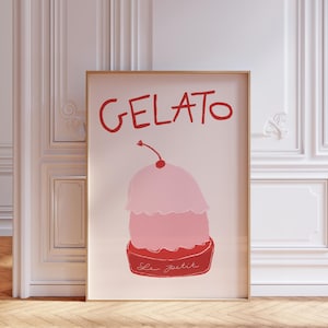 Pink Illustrated Gelato Poster, Cute Coquette Food Printable Art, Digital Download, Pink Aesthetic Trendy Wall Art, Dorm Aesthetic Decor
